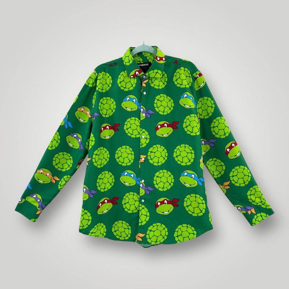 Teenage Mutant Ninja Turtles Shirt Mens L Green Suitmeister Cartoon Button Up